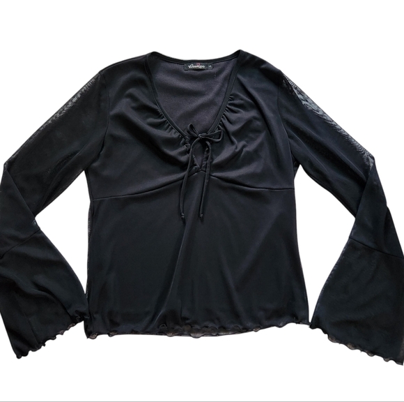Y2K Younique Black Sheer Bell Sleeve Keyhole Tie Top Sz L - Picture 4 of 7